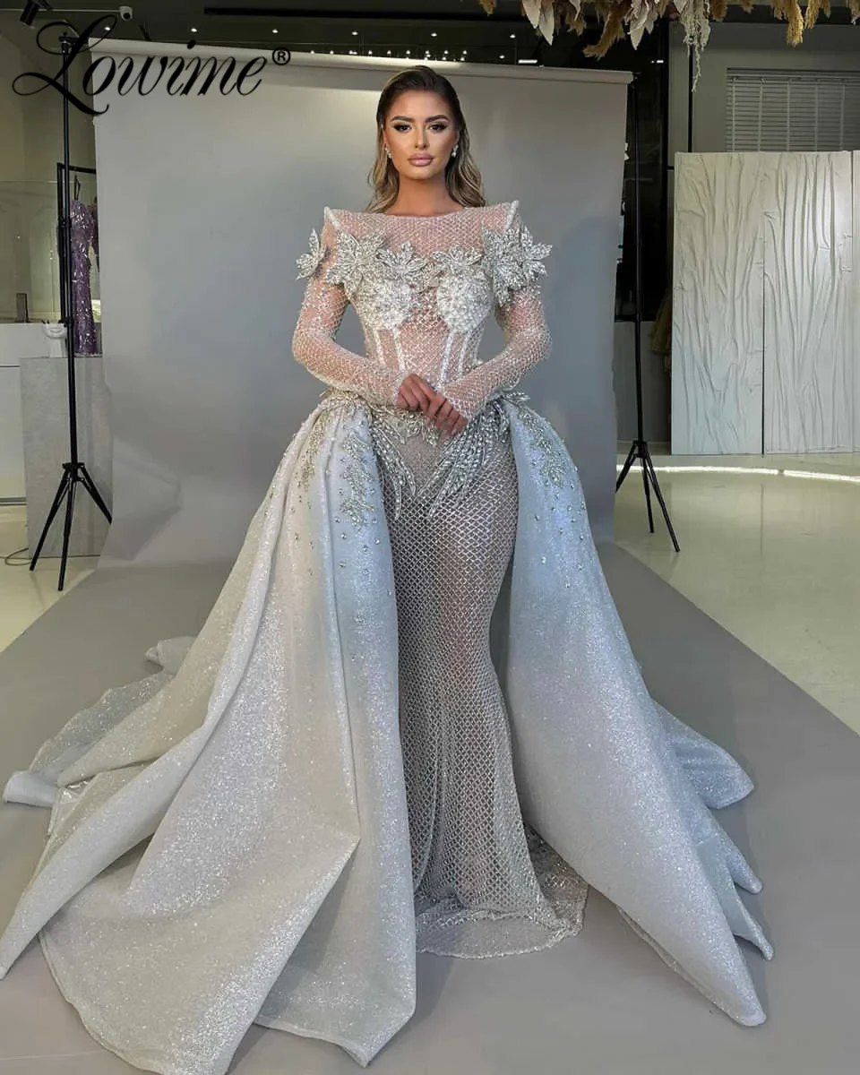 Heavy Beads Illusion Long Sleeves Mermaid Prom Dresses Glitter Crystals Bride Evening Dresses 2025 Customized Party Dress Gowns