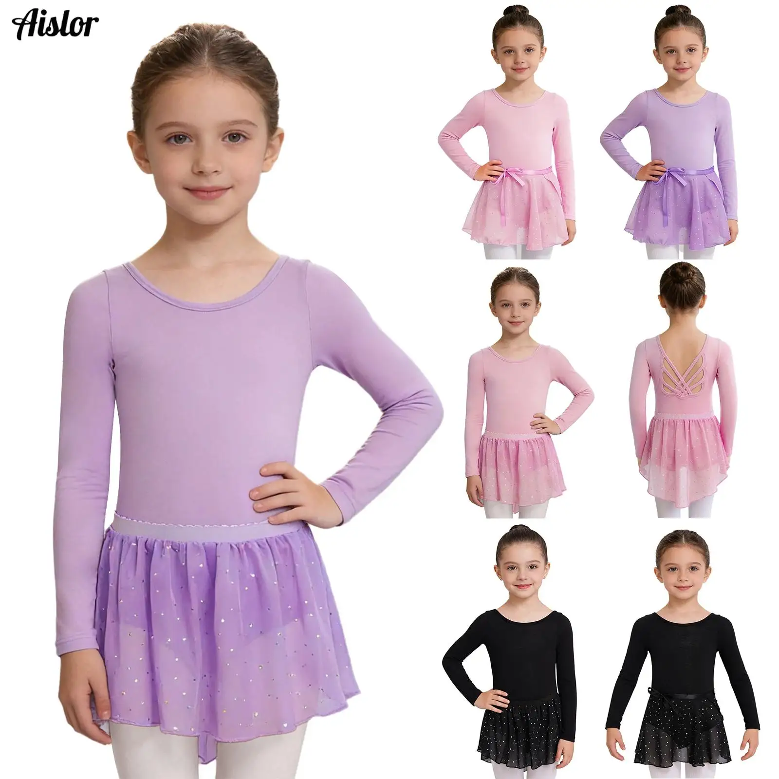 

Girls Ballet Leotards with Chiffon Dance Skirt Long Sleeve Crisscross Back Kids Dance Training Workout Performance Outfits