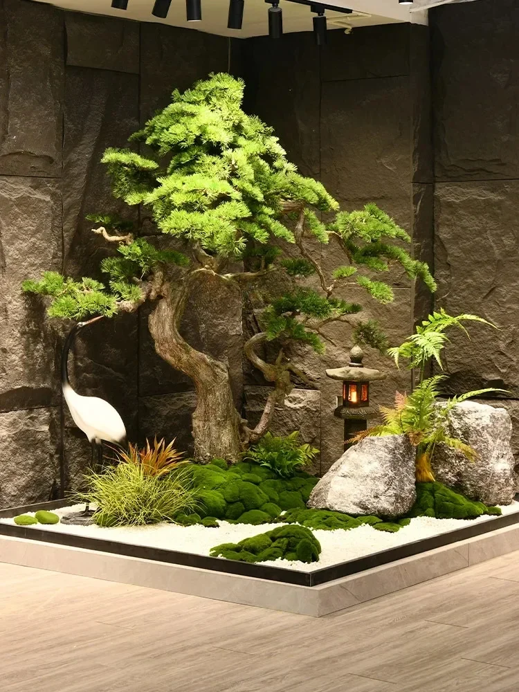 Simulated welcome pine rockery stone landscaping indoor large landscape stairs new Chinese tea room decoration