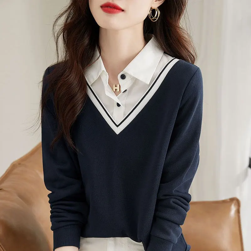 Stylish Polo-Neck Fake Two Pieces Patchwork Knitted Shirt Solid Color Chic Button Women\'s Clothing Korean Long Sleeve Blouse New