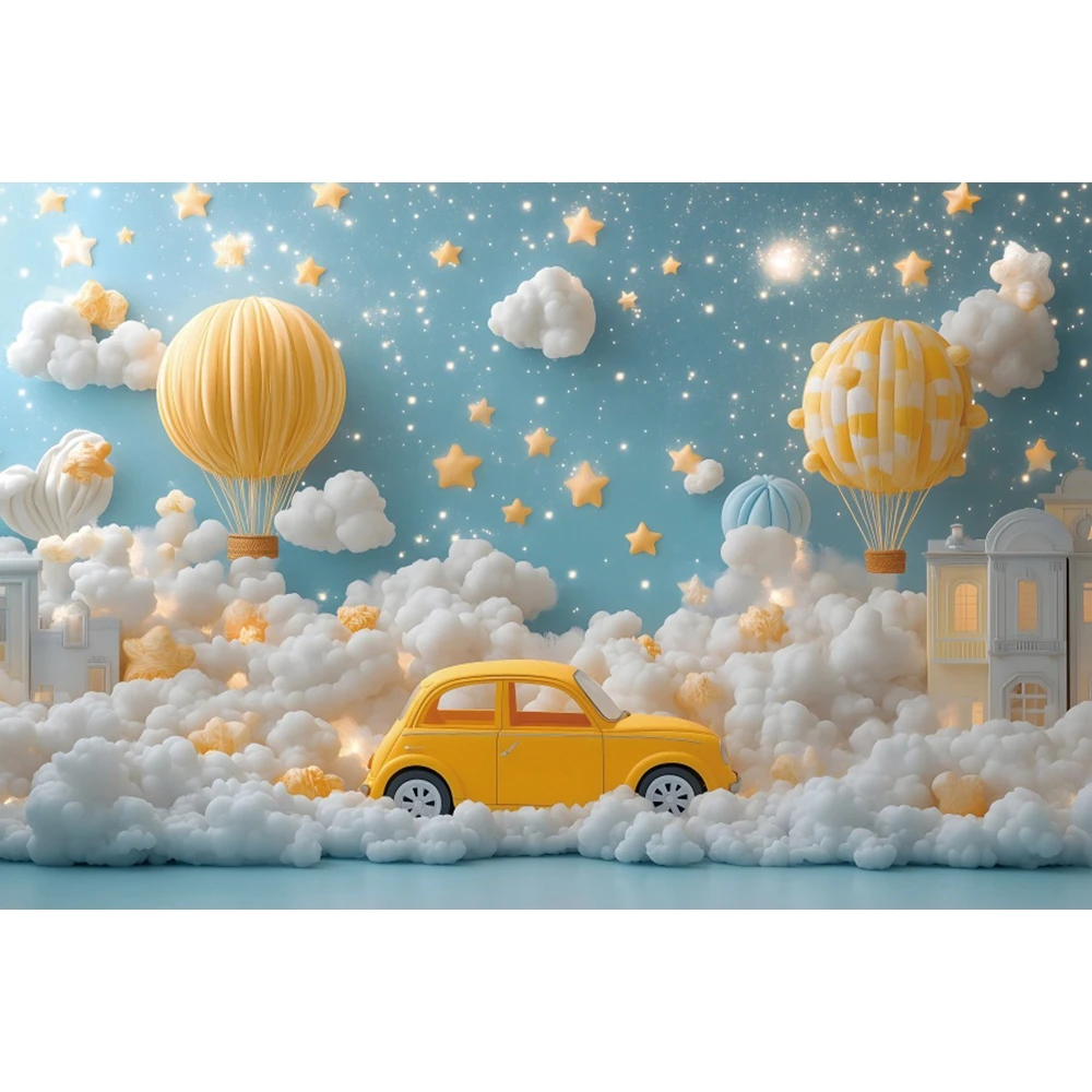 Star Car Photography Background Yellow Hot Air Balloon White Clouds Blue Wall Birthday Backdrop Baby Shower Decor Photo Studio