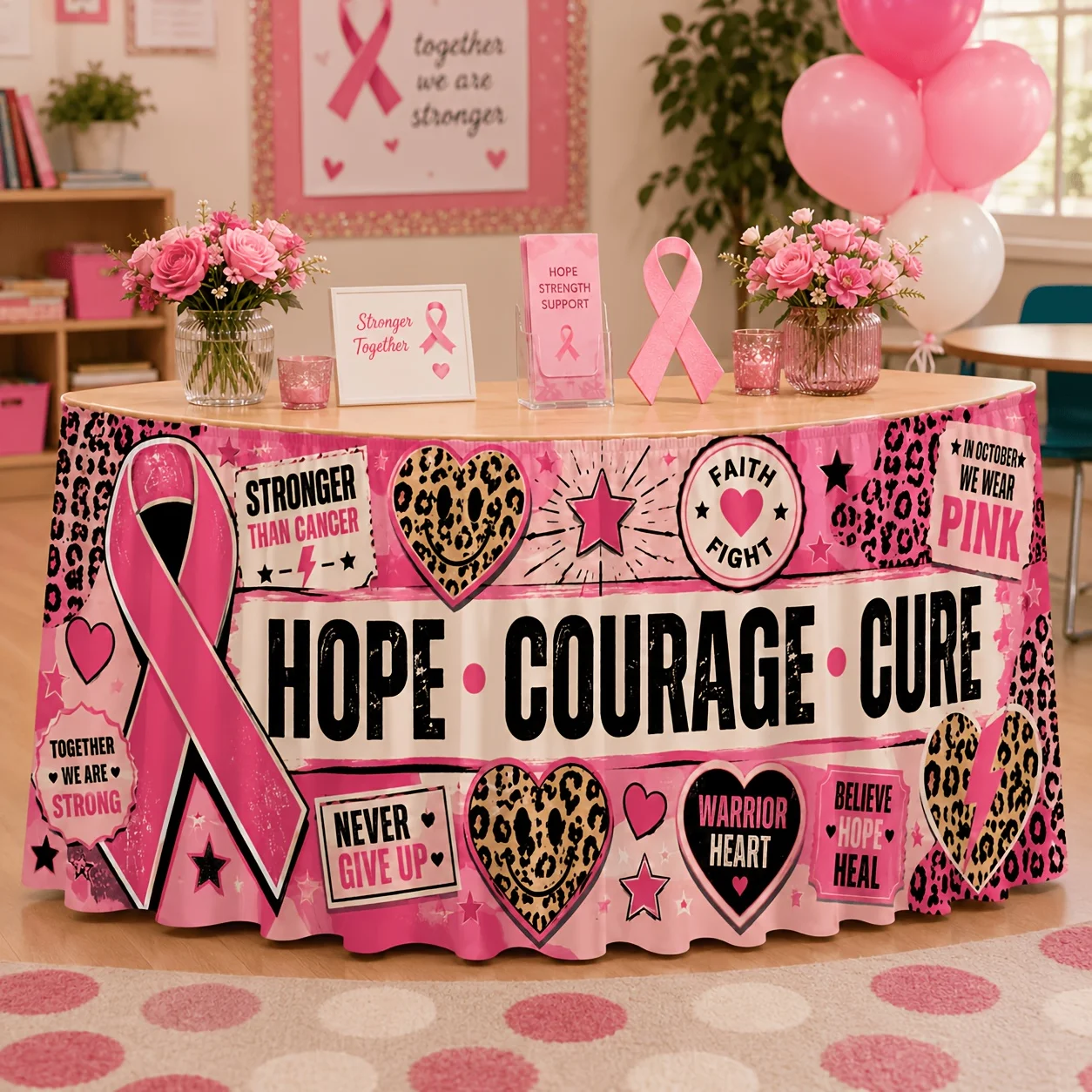 Hope Courage Heals - Breast Cancer Awareness Tablecloth with Inspirational Textures - October Pink Supportxzj