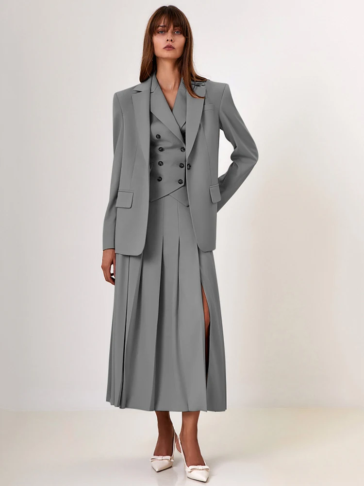 JULISSA MO Notched Collar Pleated Skirt Suit Women Two Piece Sets Single Breasted Vest High Slit Skirt Autumn Official Skirt Set