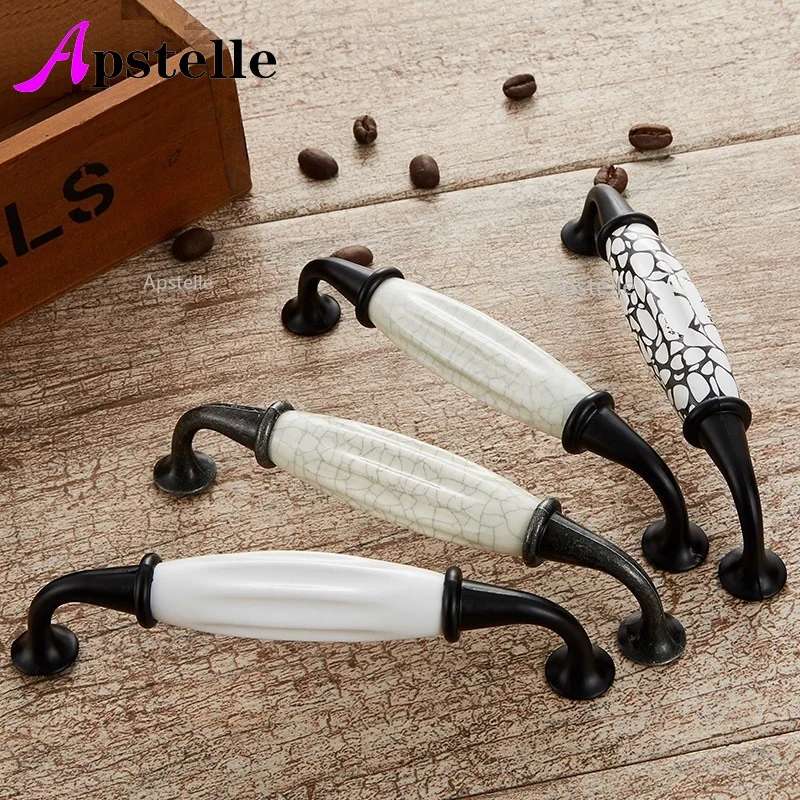 Apstelle Bronze Ivory White Wardrobe Dresser Handles Zinc Ceramic Retro Diamond Kitchen Cupboard Hardware Cabinet Drawer Pulls