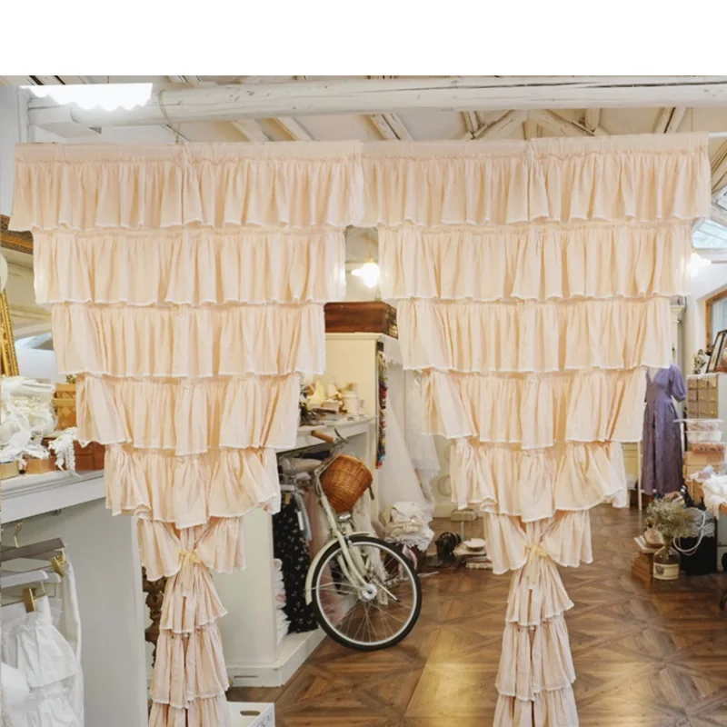 Brand New Fashion 100% Cotton Beige Blackout Curtains for Bedroom Korean Ruffles Cupcake Layers Ins Window Drapes with Valance