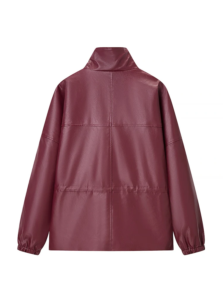 Nouvelle veste en cuir ample à col haut de couleur unie pour femmes de style européen à la mode et polyvalente avec détails de poche.