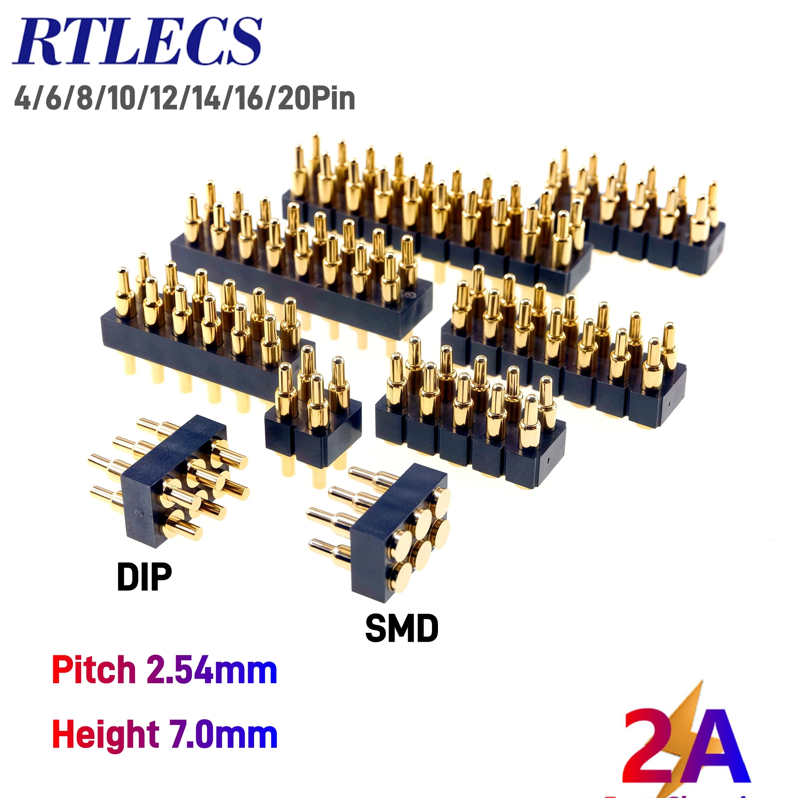 Spring Loaded Pogo Pin Connector Dual Row Surface Mount SMT DIP Through Hole 4-20 Poles 7.0mm Height 2.54mm Pitch for Electronic