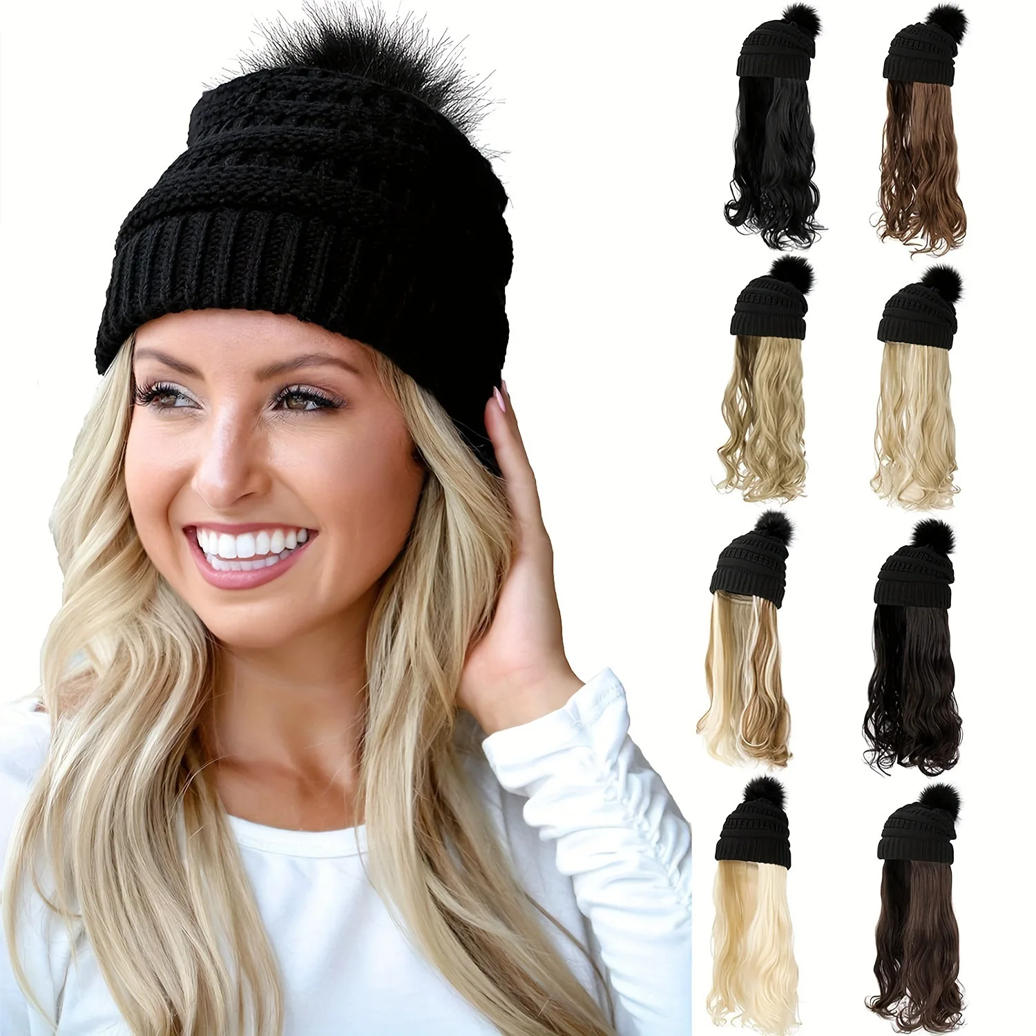 Colorido longo onda de água ondulada peruca, inverno chapéu, bonés, malha gorro, cabelo ligado, atacado, 20"