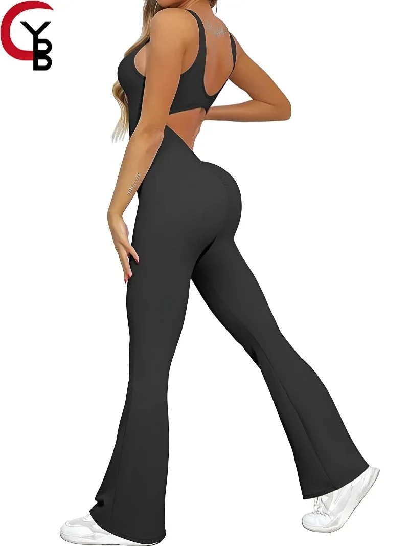 

Womens Workout Flare Jumpsuit Backless Yoga Romper Scrunch Butt One Piece Bodysuit Leggings Open Back Gym Bodycorn