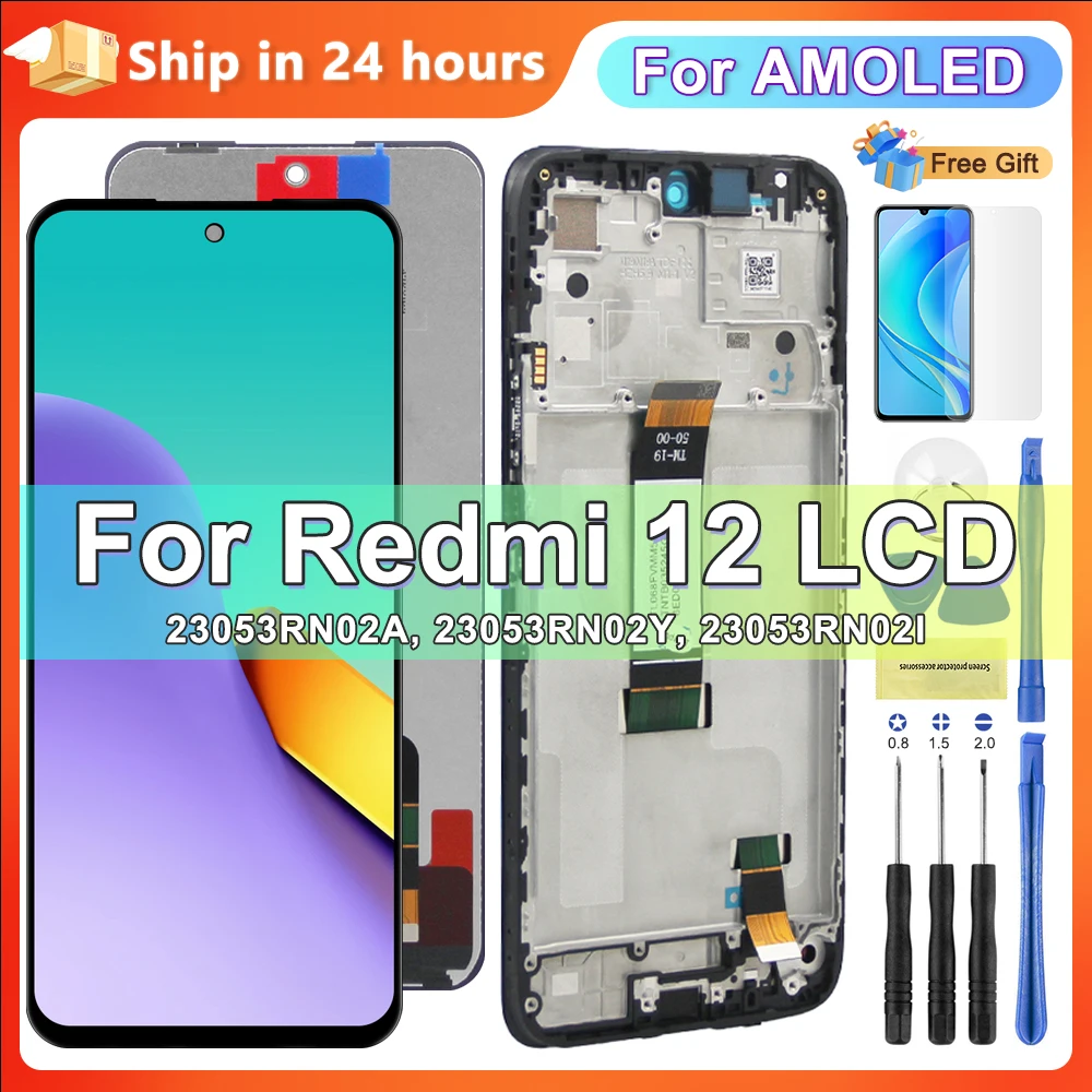 LCD 디스플레이 터치 스크린 디지타이저 어셈블리, 샤오미 레드미 12 LCD 23053RN02A 용 AMOLED, Redmi12 디스플레이 프레임 교체용, 6.79 인치