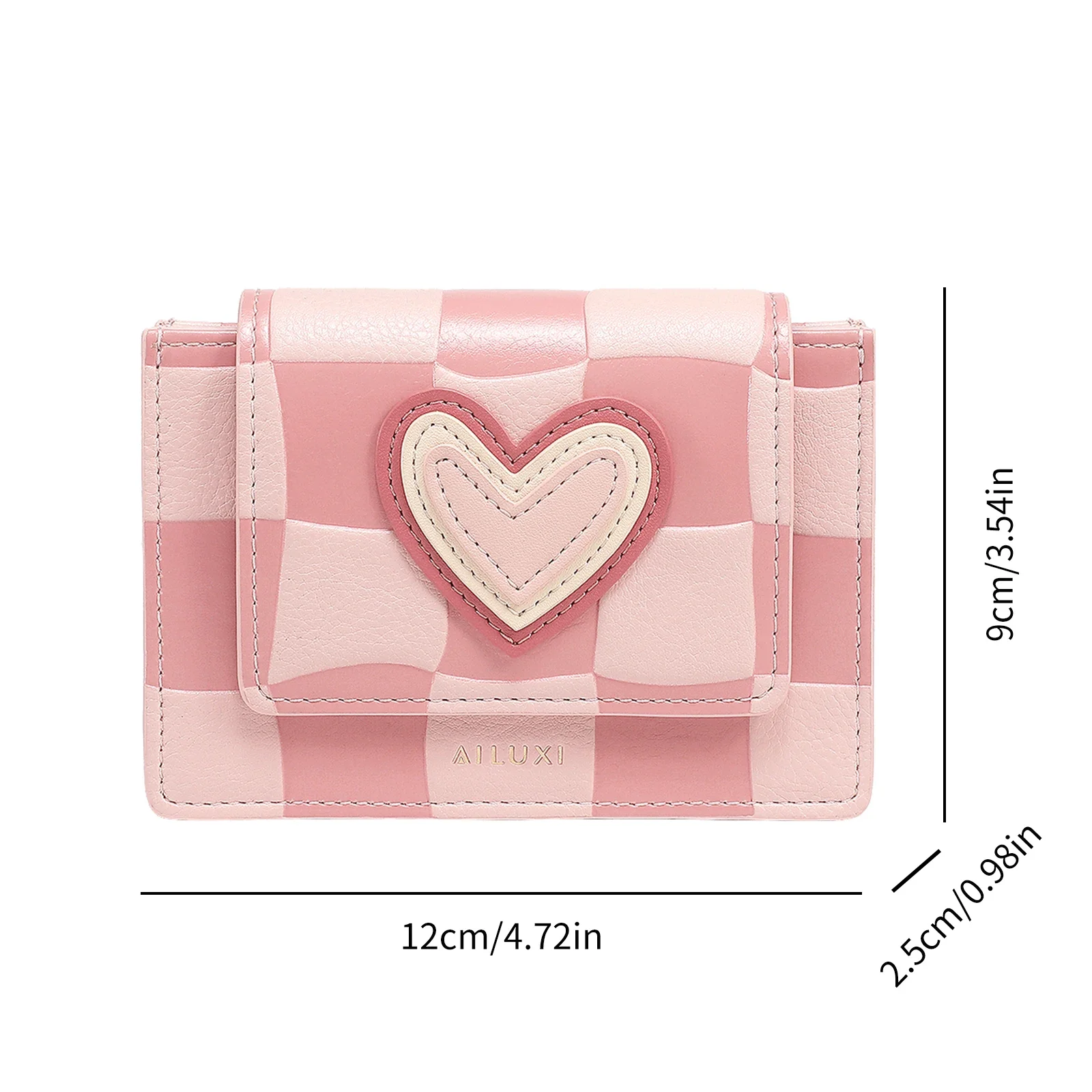 Trendy Love Patched Short Wallet, Checkerboard Pattern Trifold Coin Purse, Clutch Credit Card Holder