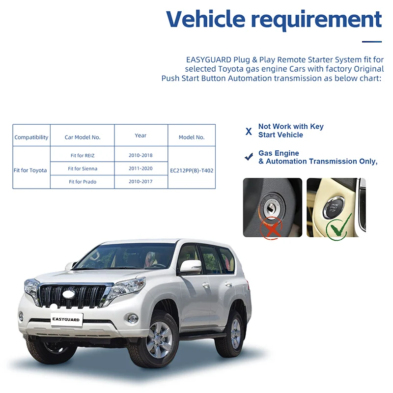 Jogo remoto do acionador de partida de easyguard para toyota reiz 2010-2018 com o botão de pressão do oem somente obstrui e joga o fechamento 3x ao começo/parada remotos