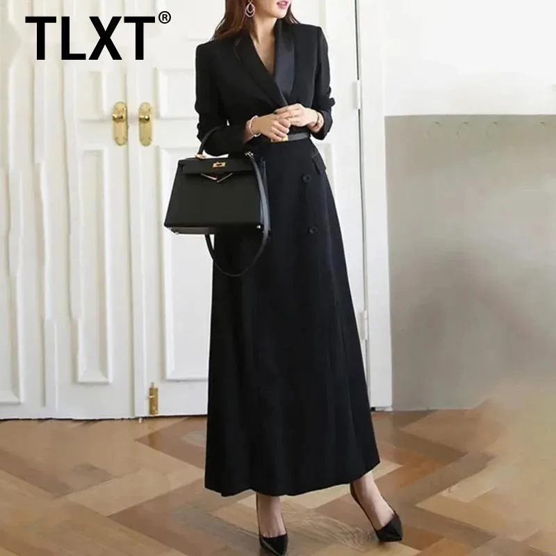 

TLXT Elegant Trench Women Notched Long Sleeves Double Breasted Gathered Waist Solid Color Belt Windbreaker New 2025 Autumn