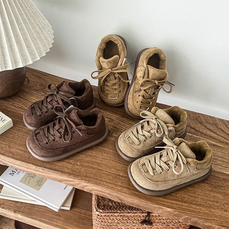 Boys Girls Winter Warm Shoes for Kids Sports Sneakers Plush-Lined Soft Sole Anti Slip Retro Frosted Suede Leather Casual Shoes