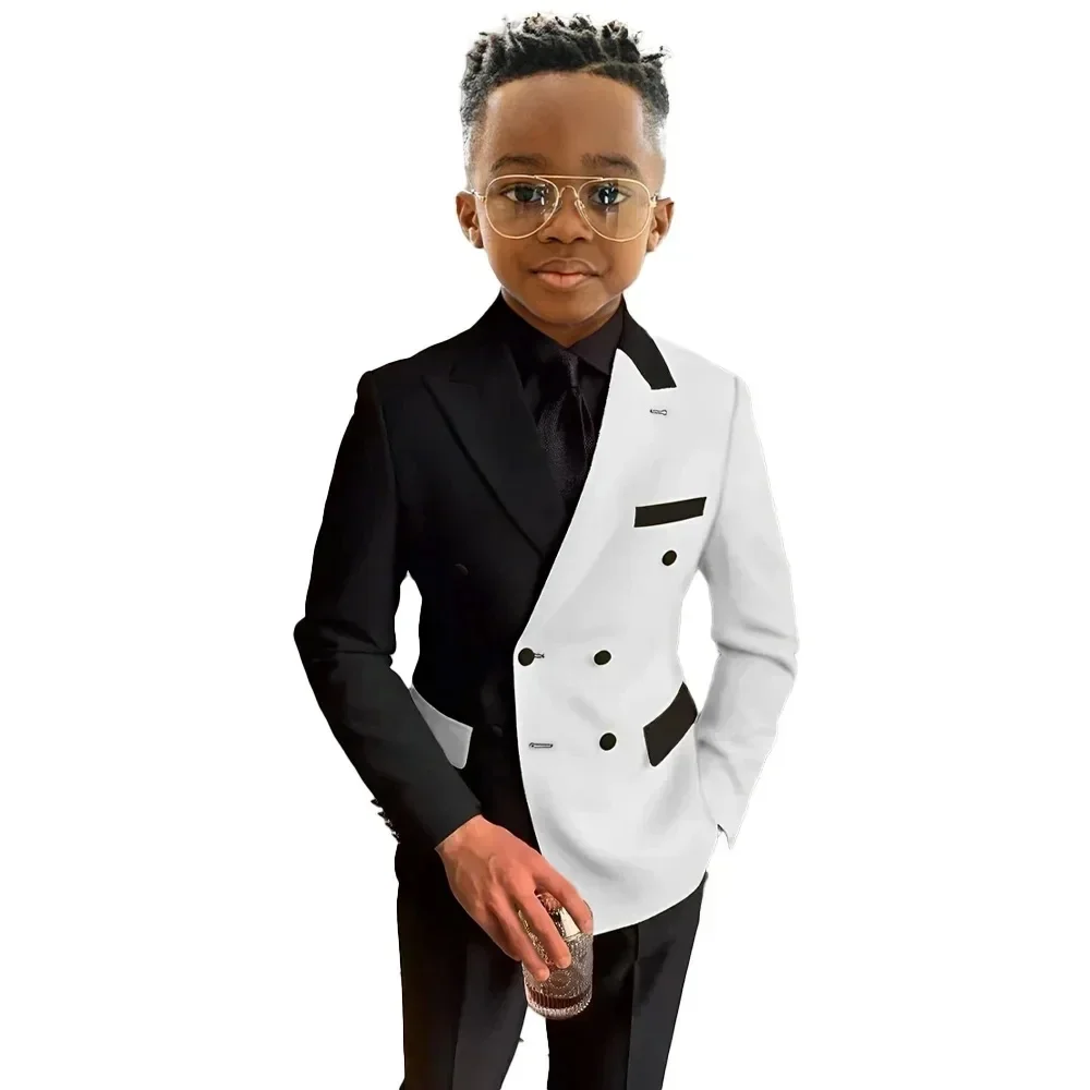 

Splicing Black Lapel Kids 2 Pieces Boys Suits Child Suit Set Formal Wedding Tuxedo Fashion Shawl Lapel Blazer Child Pants