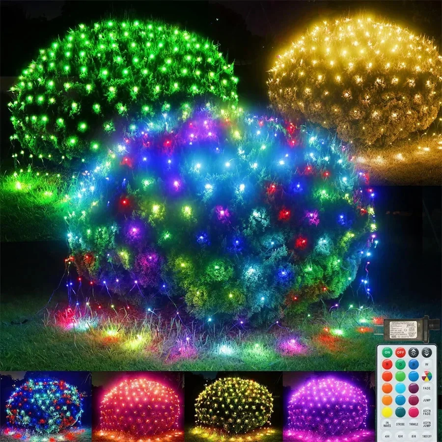 Remote RGB 3X2M 224LED Net Mesh Lights Outdoor Christmas Garland Fairy String Lights for Holiday Party Wedding Garden Tree Decor