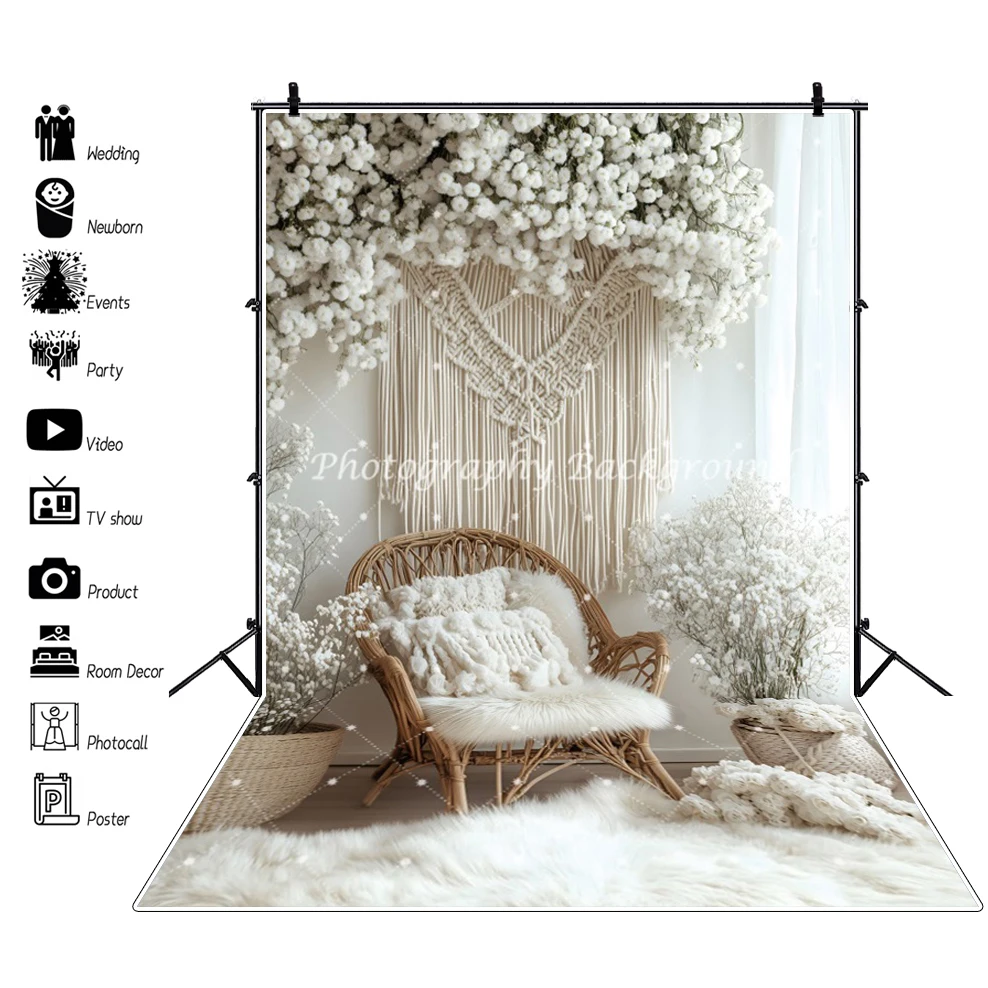 الأبيض بوهو بامباس الأزهار التصوير خلفية كرسي بطانية عيد ميلاد الزفاف الأمومة صورة ديكور خلفية استوديو الصور