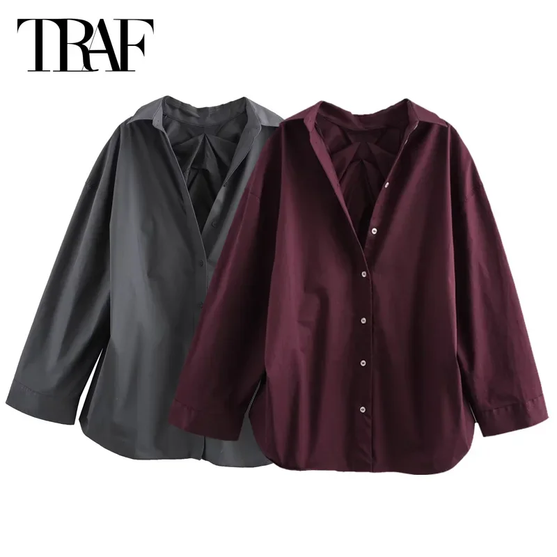 TRAF Women Blouse 2024 Woman Shirts & Blouses Burgundy Oversized Shirt Long Sleeve Frill Blouse Elegant Ruffle Loose Fit Blouse