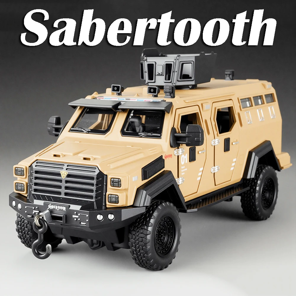 1:32 Sword Toothed Tiger Armored Cars Metal Diecast Miniature Off-road Vehicles Sound Light Doors Opened Pull Back for Kid Gifts