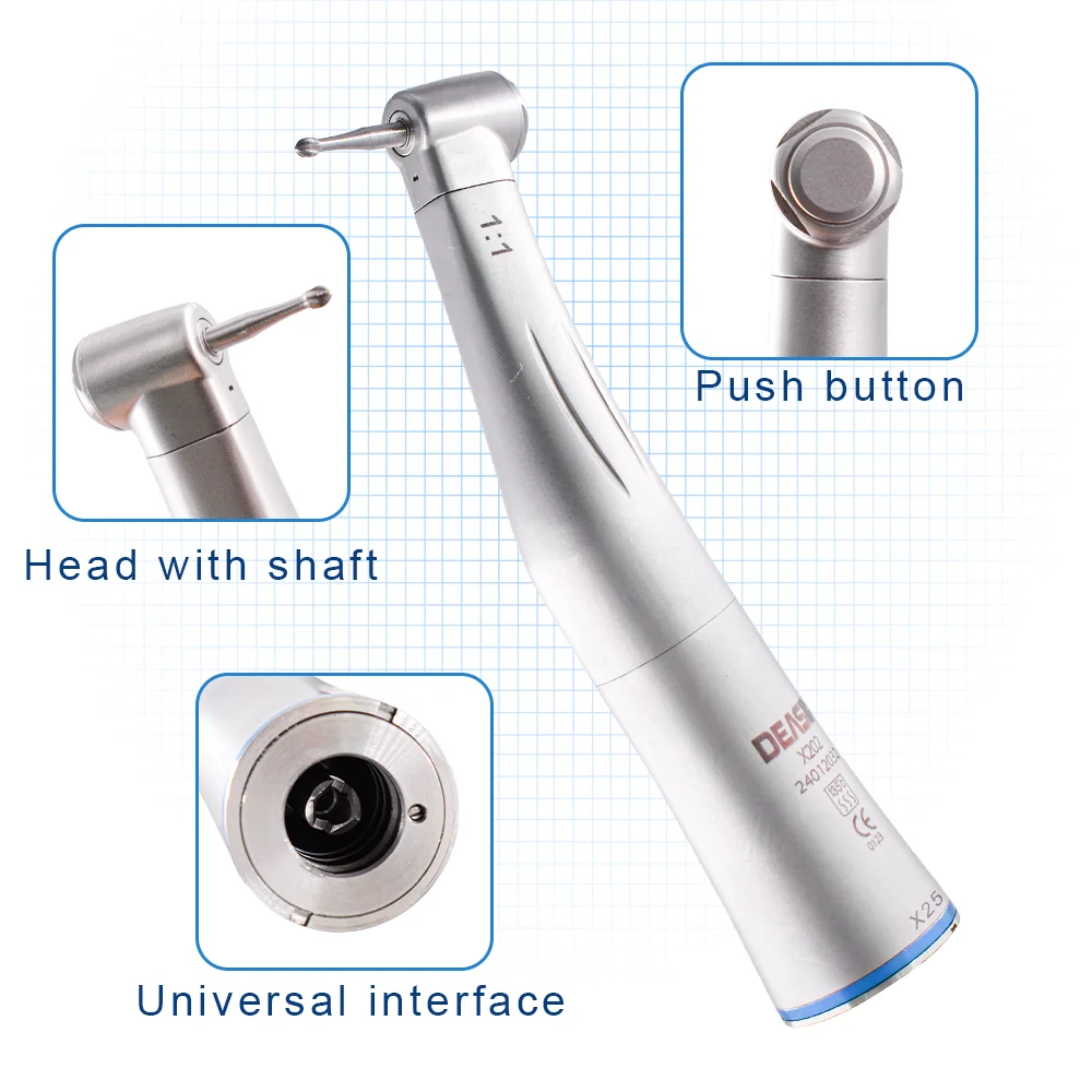 

DEASIN Dental 1:1 Blue Ring Low LED Fiber Optic Speed Handpiece Internal Water Spray X25L Contra Angle Push Button Chuck