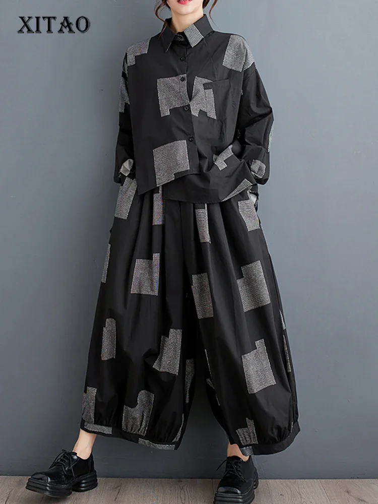 XITAO Loose Print Autumn Two Piece Set Full Sleeve Irregular Top Lantern Wide Leg Pants Fashion Casual 2024 Women Set HQQ2374