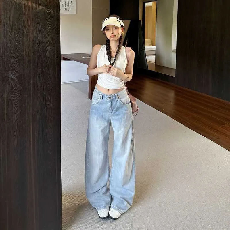 High Waist Loose Wide Leg Denim Pants Adjustable Back Buckle Design American Retro Style Summer New Arrival Straight Body Fit