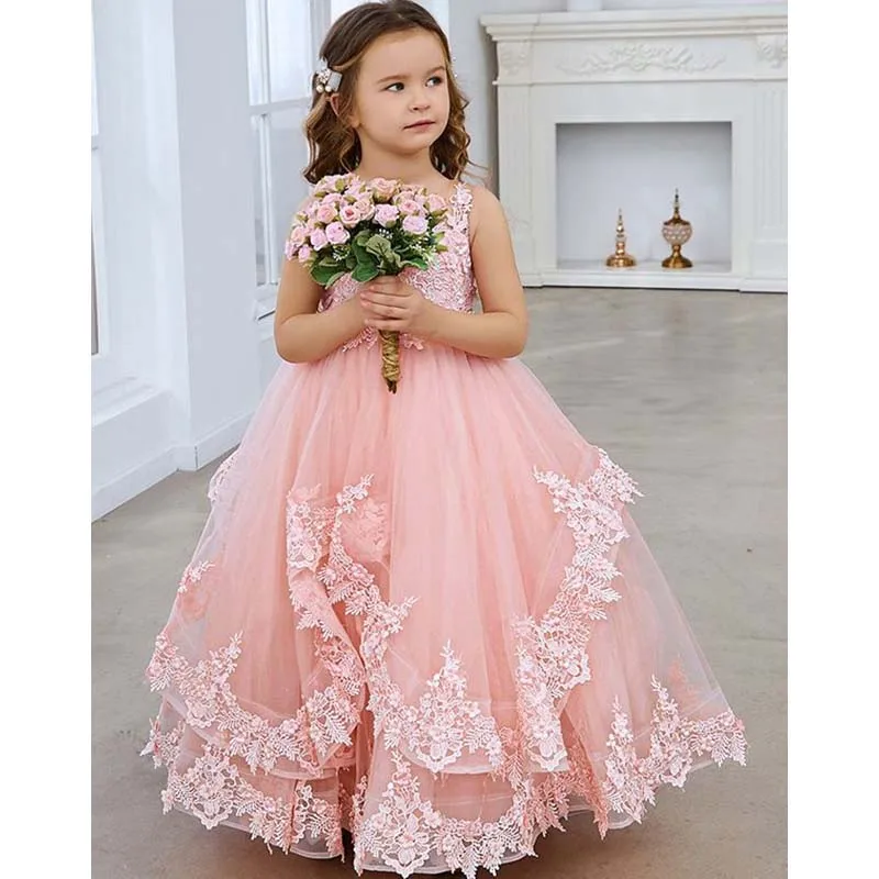 Abito da ragazza di fiore con applicazioni in pizzo rosa 2024 per matrimonio Abito da spettacolo per abiti da ballo principessa per feste di compleanno per bambini in tulle gonfio