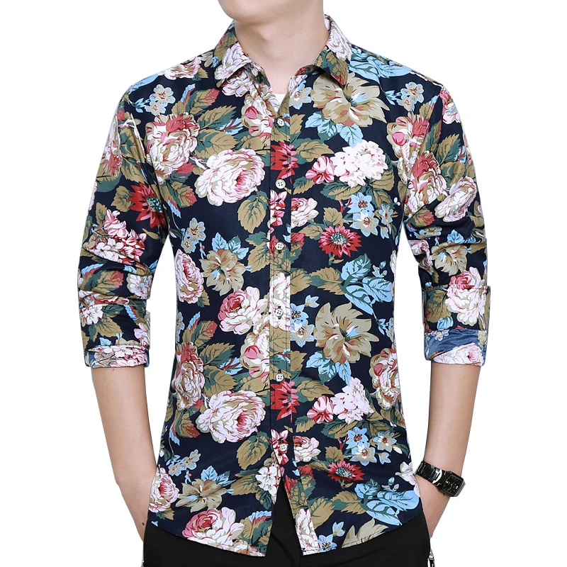 6XL 7XL Shirt Men Autumn New Fashion Flower Print Long Sleeve Shirts Mens Casual Floral Plus Size Business Office Shirt Hawaiian