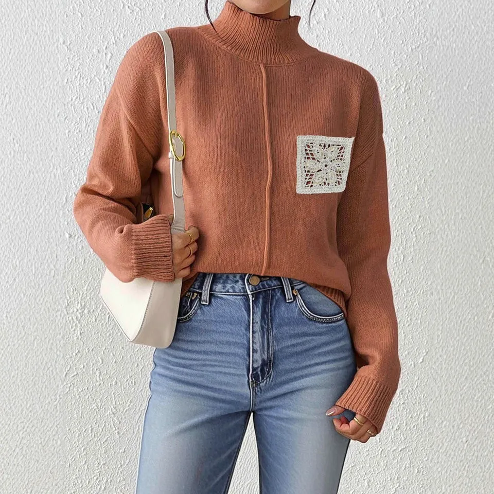 Otoño Invierno prendas de punto para mujer nuevo Color puro ved suéter de cuello alto lentejuelas hueco ket empalme suéter Street Sle L...