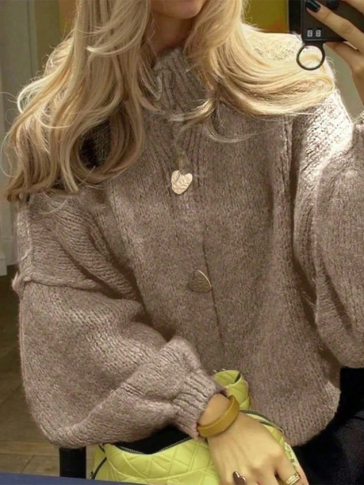 

Solid Round Neck Knitted Cardigan Women Chic Single Breasted Long Sleeve Loose Cardigans Lady 2025 Daily Commute Street Knitwear