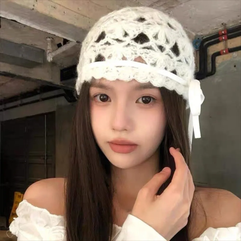 

Sweet Bow Crochet Hollow Knitted Hat Bohemian Style Strapped Knit Beanies Hollow Out Korean Weave Cap Outdoor