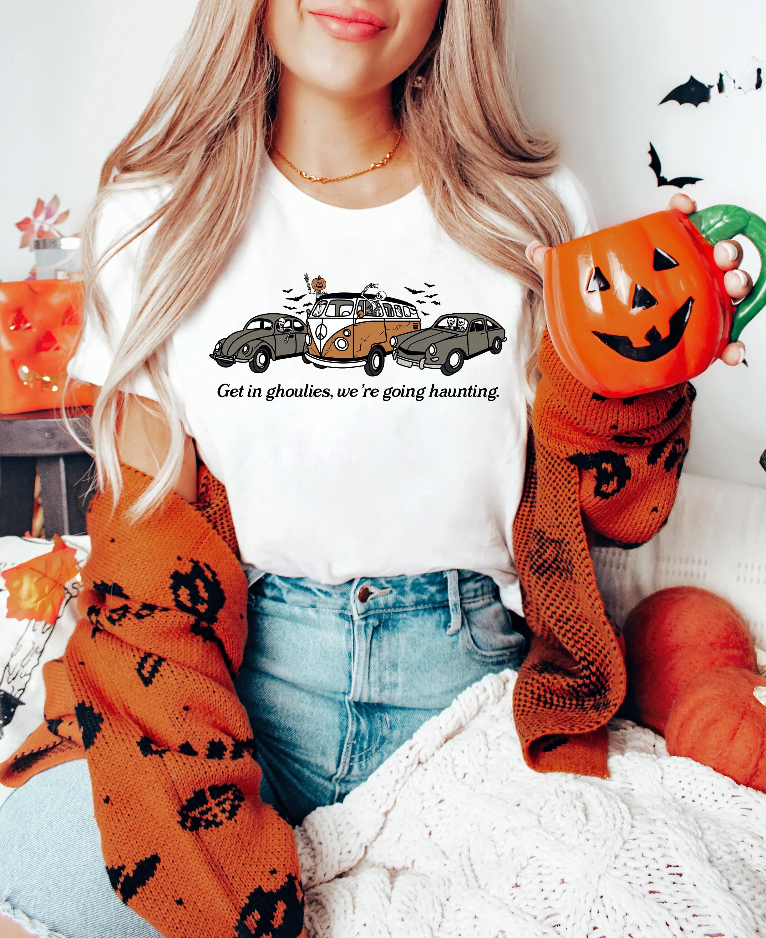 Retro Halloween Tshirt Get In Ghoulies We're Going Haunting Vintage Skeletons and Cars Shirt