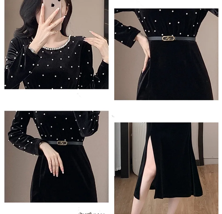 Neue elegante Frauen Perlen Perlen o Hals Langarm Samt Kleid Herbst Winer schwarz Velours Split Bodycon Gürtel Meerjungfrau Midi Kleid