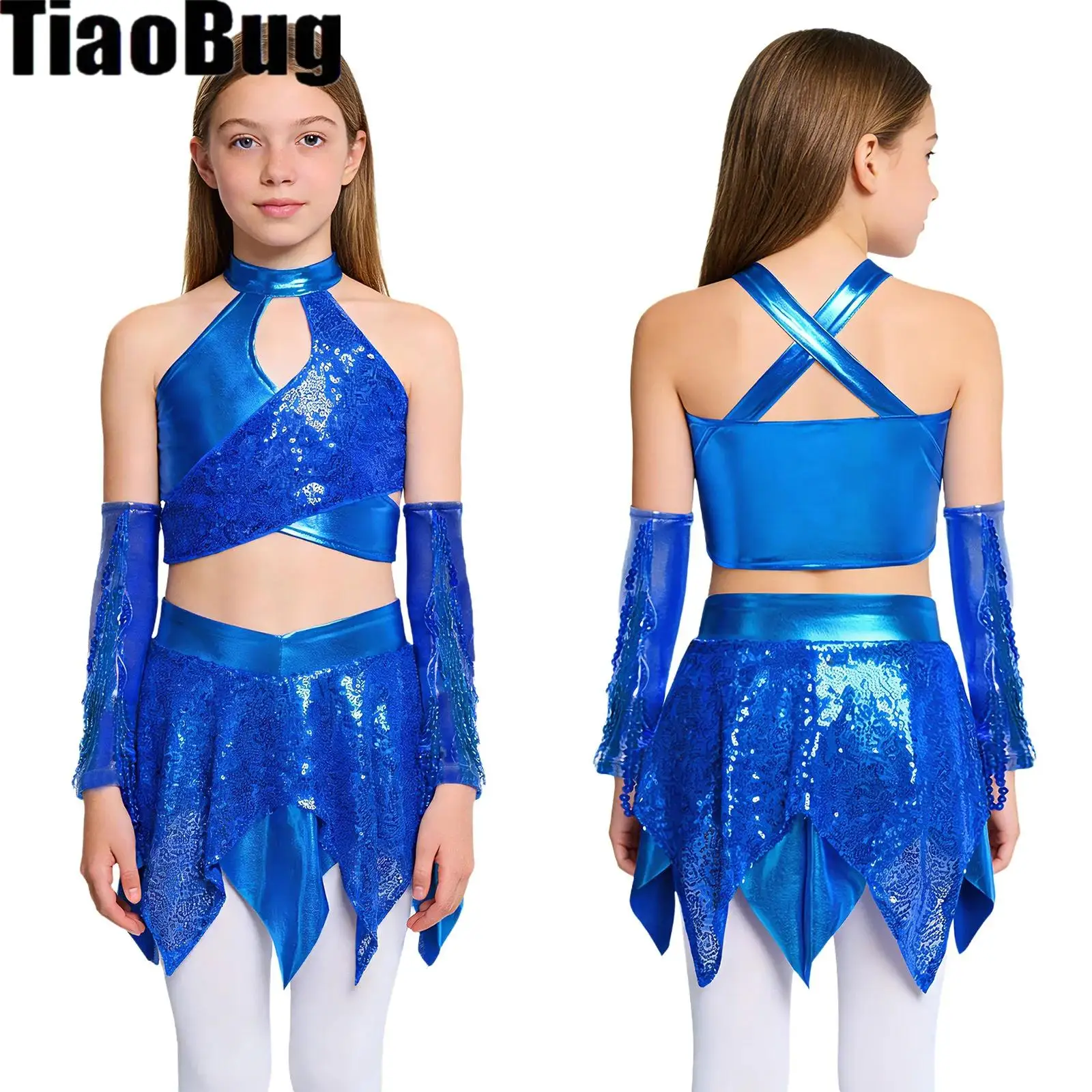 

Kids Girls Metallic Jazz Dance Outfits Cross Keyhole Sparkly Sequins Crop Top with Asymmetric Skirt And Sequined Tassels Gloves