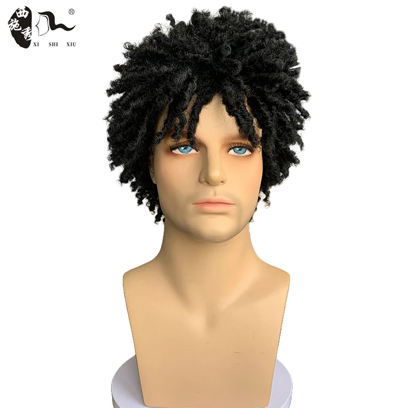 Short Black Braided Hair Dreadlock Synthetic Wigs With Bangs For Young Men Heat Resistant Fiber Afro Kinky Curly Male Party Wigs