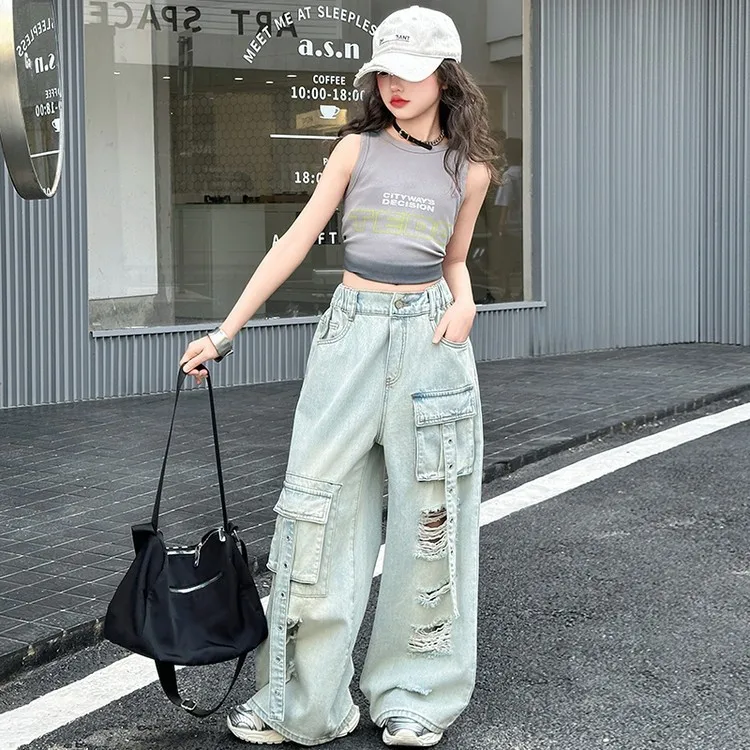 summer teen Girls Hip Hop Jazz Street Dance Clothes Multi pocket cargo pants Tie dye top junior kids jeans t-shirt child outfits