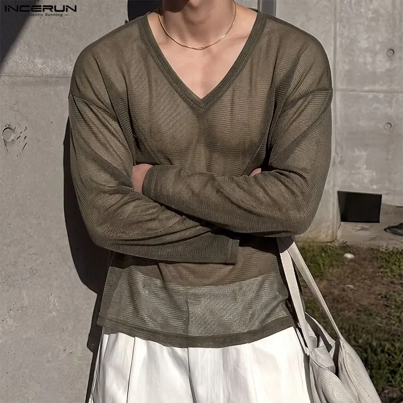 INCERUN Men's T Shirt Solid Color V Neck Long Sleeve Mesh See Through Tee Tops For Man Streetwear Loose Sexy Fashion Men Clothes