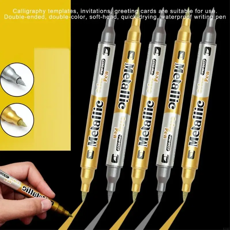 

Double Sided Brush Pen Gold Silver Metallic Brush Marker Fast Drying Waterproof For Invitations Greeting Card Writing K1KF