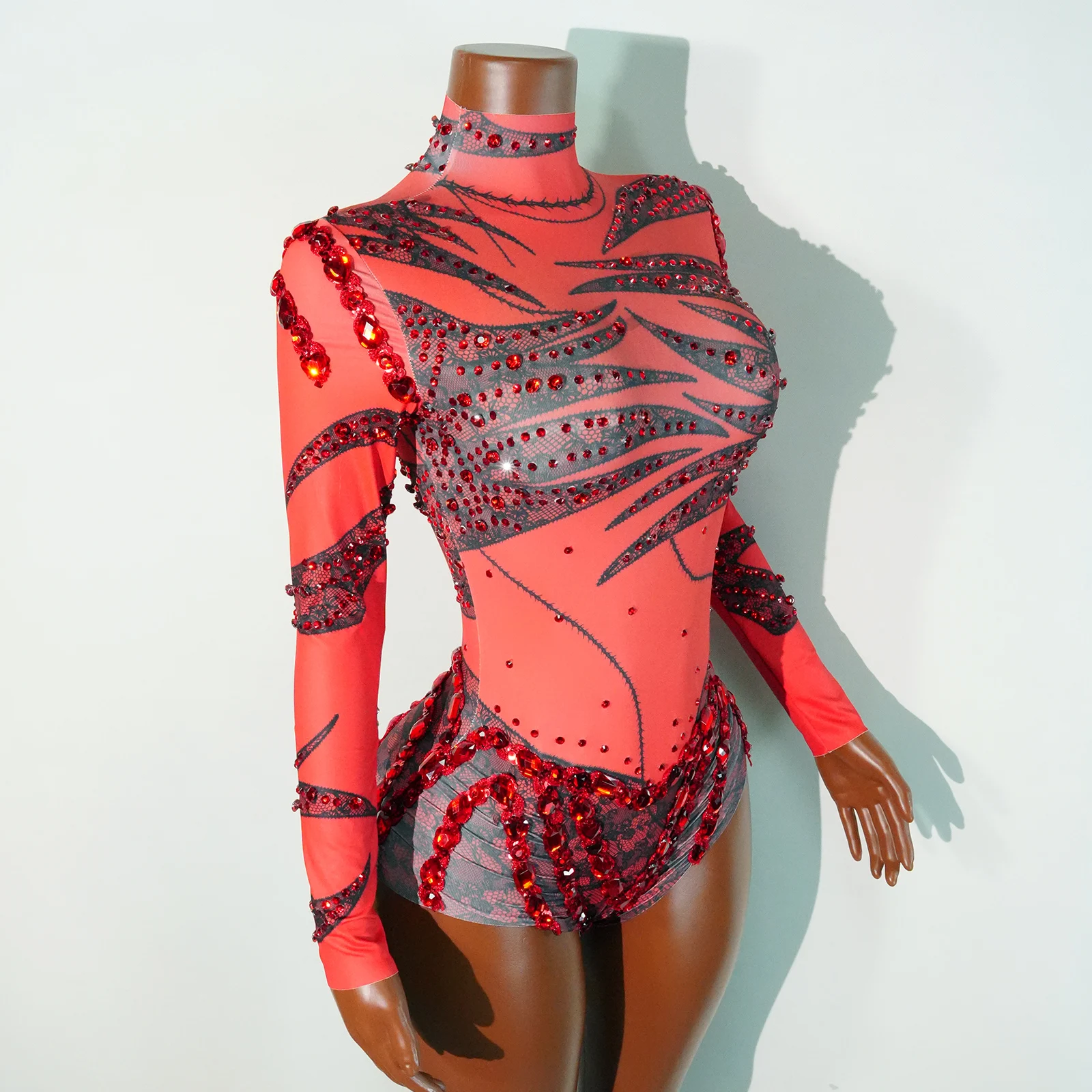 Sexy Bodysuit In Transparent Mesh With Rhinestones For Women, Ballerina, Stage, Pole Dance, Gymnastics, Acrobatics, Performance,