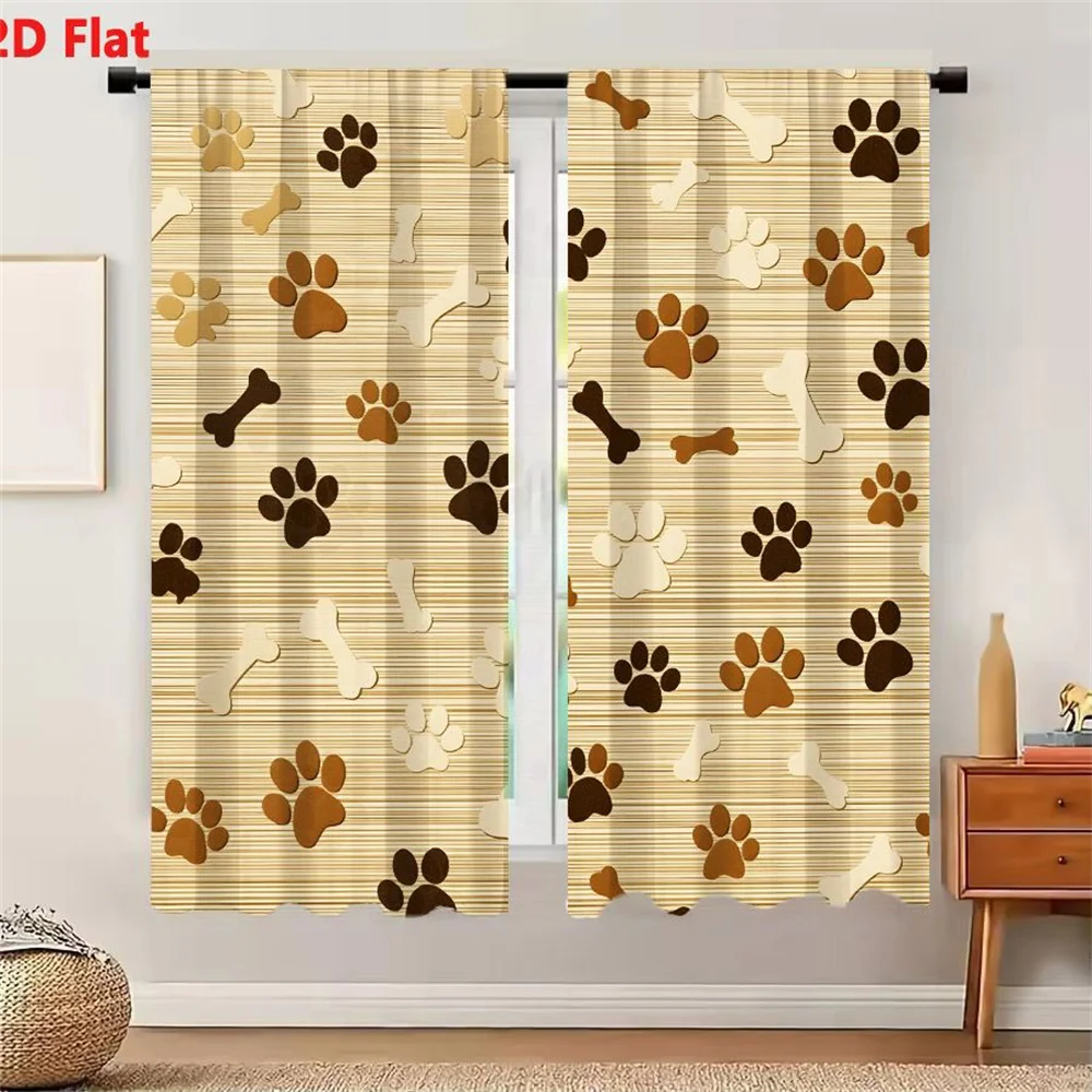 2Pcs Curtains Seamless Pattern With Paw Prints And Bones On Beige Background For Pet Dog Themes Window Drapes for Bedroom Room D