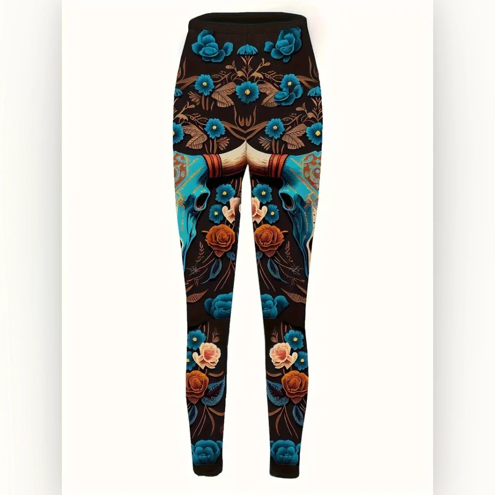 Cow head flower print elastic elastic waist slim casual leggings for women