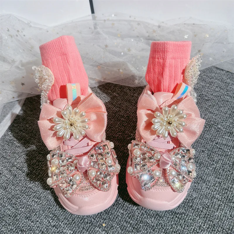 Girls Sneakers Spring Autumn Kids Fashion Running Sports Chunky Trainers Toddler Brand Handmade Princess Shoes Pearls Bow Flats