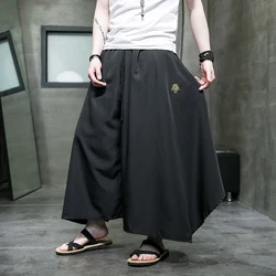 Pantalones de estilo chino Harajuku para hombre y mujer, ropa de calle con cintura elástica, pantalón de pierna ancha, estilo Kimono, falda negra, 5XL, 2023