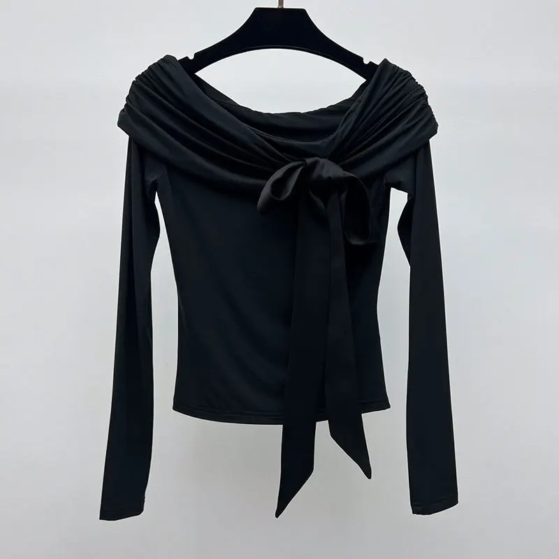 

Women Black Long Sleeve One Shoulder Top Elegant Fashion Bow Tie Design Slimming Tops 2024 Autumn New High End Y2K Clothing