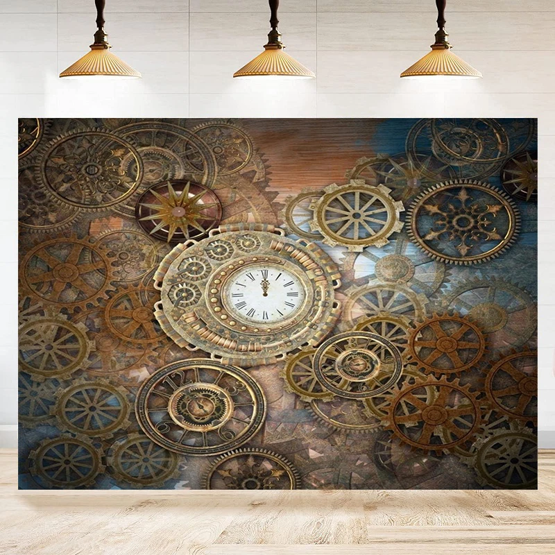 Photography Backdrop Old Metal Gear Clock Retro Steampunk Rusty Steam Background Machine Nostalgia Party Decoration Banner