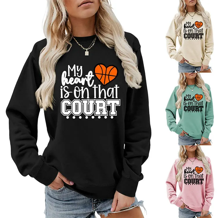 

Autumn new women's crew-neck T-shirt hoodie my heart is on that court print loose casual long-sleeved top with all fashion pullo