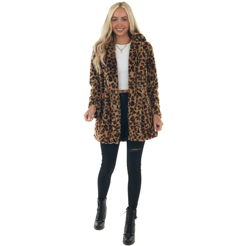 Women Faux Fur Jackets Autumn Spring Winter 2024 Open Front Lapel Collar Leopard Print Coats Loose Fur Coat with Pockets