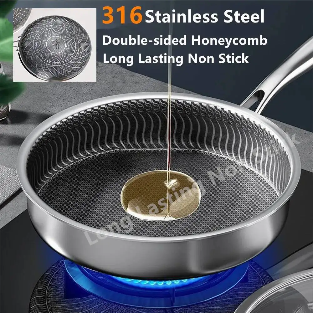 

316 Stainless Steel Wok Honeycomb Frying Steak Cooking Flat Bottom Non-Stick Pan Induction Cooker Universal Kitchen Cookware