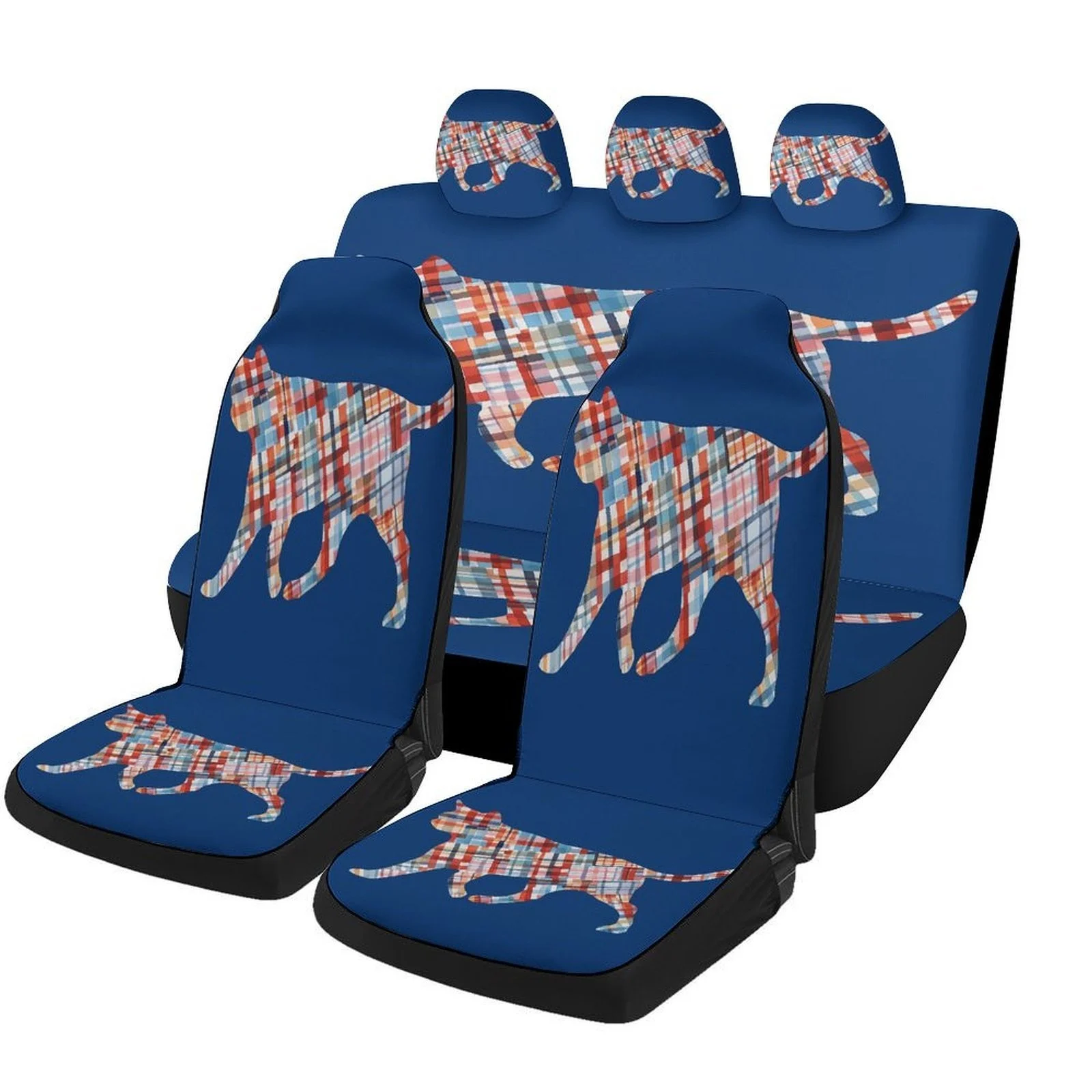 Plaid Cat Silhouette Car Seat Cover Set - Trendy High-Quality Polyester, Universal Fit For 2 Front & Rear Seats, All-Season Use,
