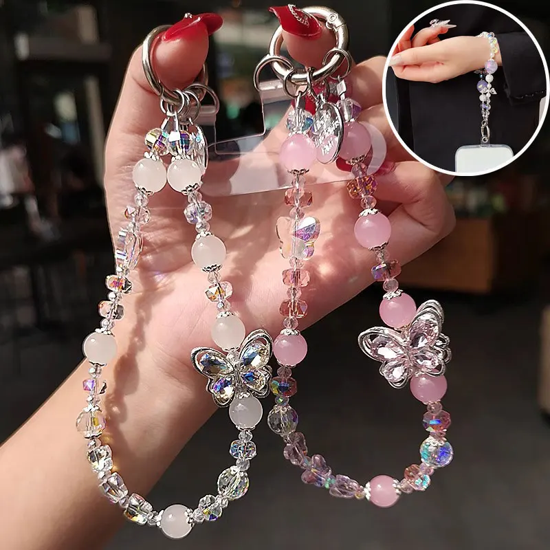 

Sweet Crystal Butterfly Pendant Mobile Phone Lanyard For iPhone Samsung Phone Case Wrist Strap Bling Hanging Chain Women's gift